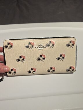 Coach Cream Floral Zip Around Wallet with Pink and Black Accents